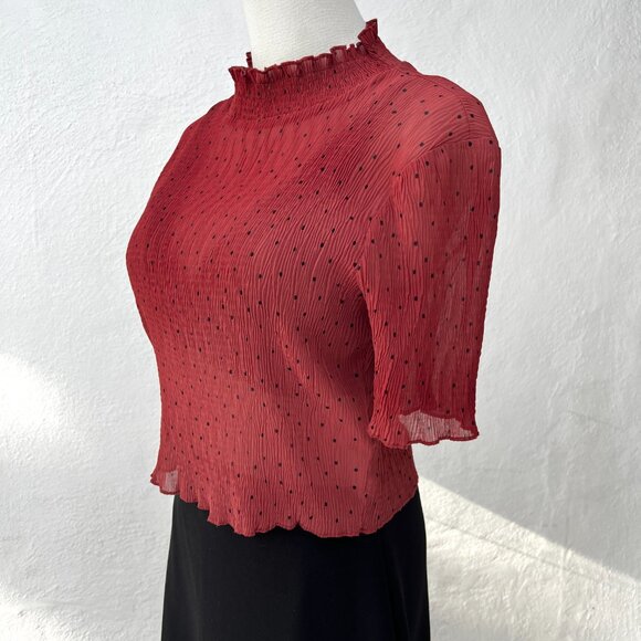 Azalea Polka Dot Sheer Plisse Short Sleeve Mock Neck Rust Color Top Size Small - Picture 13 of 15
